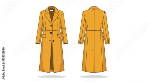 A modern women's long tailored coat in a vibrant mustard yellow hue presented as a detailed vector illustration from both front and back