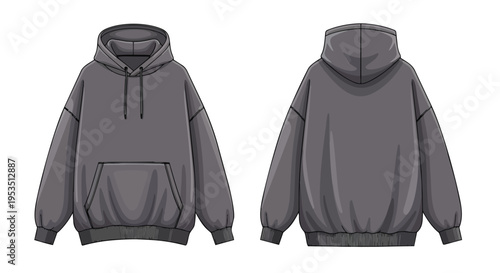 Versatile grey oversized hoodie illustration, displaying detailed front with kangaroo pocket and drawstrings, plus a clean back view, perfect for