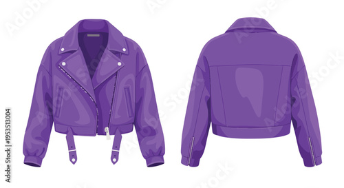Stylish purple cropped leather motorcycle jacket illustration showcasing front and back views with detailed zippers, buckles, and wide lapels for