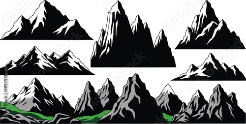 Black and white rocky summit silhouette graphic elements