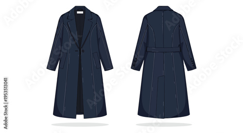 Elegant long dark blue coat with white stitching details front and back vector illustration