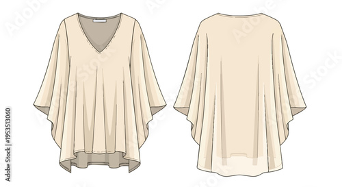 Original flat design technical illustration for a women's elegant v-neck top with wide sleeves, presenting front and back views for apparel pattern