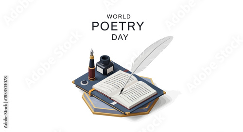 Illustration of an open book with a quill pen on top, celebrating World Poetry Day with a poetic writing concept against a clean white background.