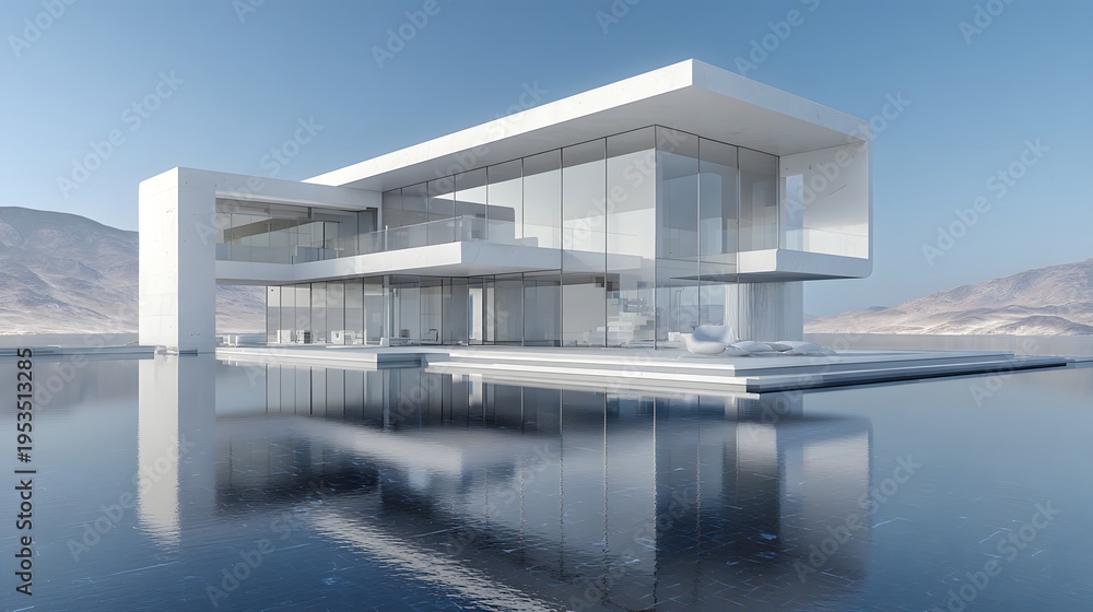 Fototapeta premium Modern Luxury Villa Architecture Overlooking Serene Water Landscape.