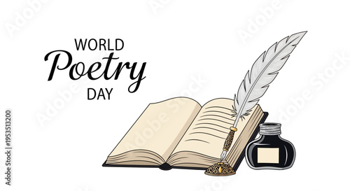 Vector illustration of an open book with a quill pen and inkwell on a white background celebrating World Poetry Day with a literary arts concept.