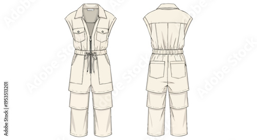Contemporary women's utility jumpsuit flat sketch featuring convertible legs, front zipper, drawstring waist, and multiple pockets for versatile