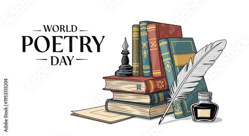 Illustration of a quill pen, inkwell, and stacked books celebrating World Poetry Day with colorful design elements on a flat lay composition.