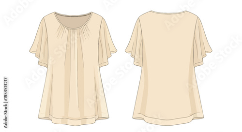 Cream blouse flat sketch with a gathered neckline, delicate front pleats, and elegant flutter sleeves. Front and back views for fashion design