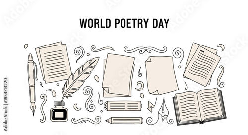Vector illustration of a poet's desk with writing tools and papers celebrating World Poetry Day with a literary arts concept on a white background.