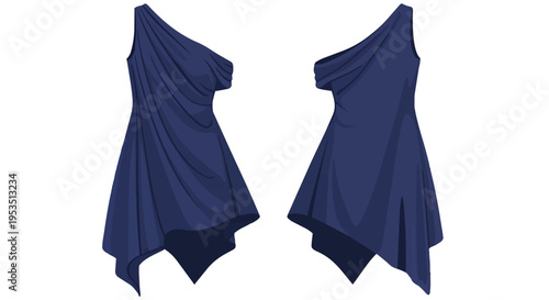 Elegant deep indigo one-shoulder cocktail dress illustration featuring graceful drapes and an artistic asymmetrical hemline, perfect for fashion