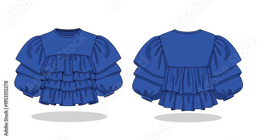 Fashion flat sketch technical drawing of a royal blue tiered ruffle blouse with voluminous puff sleeves