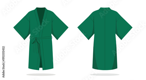 Vibrant emerald loungewear garment illustration vector template showcasing a unisex belted dressing gown in front and back views ideal for fashion
