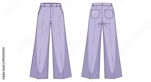 Lavender wide-leg trousers technical fashion flat drawing. Front and back views, showcasing waistband, pleats, pockets. Ideal for apparel design and