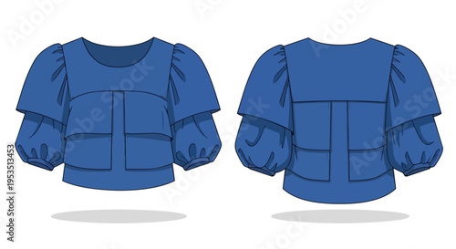 Detailed flat sketch of a stylish women's blue tiered puff-sleeve blouse fashion design illustration
