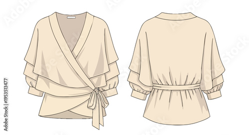 Technical fashion flat of a chic women's wrap blouse, showcasing tiered sleeves, a flattering V-neck, and a stylish tie waist, front and back views