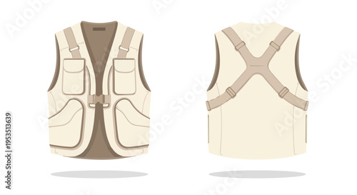 Utility vest illustration, beige, front and back. Many pockets, strong buckle, adjustable straps. Great for outdoor use, fishing, hiking,