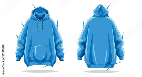 Stylish oversized blue hoodie illustration showing front and back. Features adjustable hood, kangaroo pocket, ribbed cuffs, perfect for streetwear