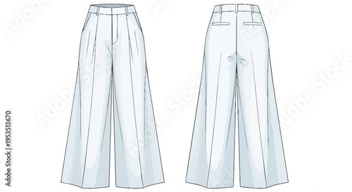 Detailed flat sketch of classic wide-leg pleated trousers for fashion design and apparel pattern development