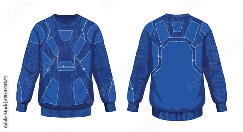 A digitally inspired blue long-sleeved garment featuring an avant-garde geometric pattern design perfect for modern fashion and futuristic apparel.