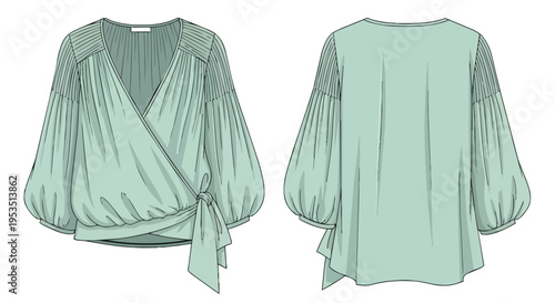Elegant women's wrap blouse technical sketch showcasing long gathered balloon sleeves and a flattering V-neck design for modern fashion apparel