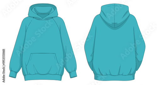 Minimalist front and back views of a plain aqua blue hooded sweatshirt, an ideal template for showcasing apparel designs and branding concepts for