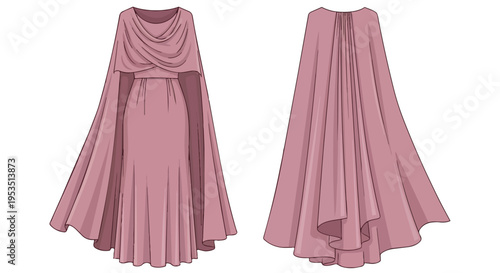 Luxurious floor-length rosy evening gown design featuring an elegant draped cowl neckline and a magnificent integrated flowing cape. Perfect fashion