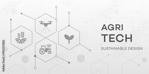 Modern agricultural technology concept with smart farming icons, drone spraying, smart tractor, wheat crops, and plant sprout, illustrating sustainable digital agriculture solutions.
