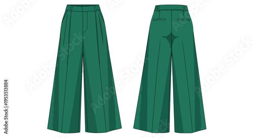 Modern emerald green wide-leg pleated trousers vector illustration featuring both front and rear perspectives perfect for fashion design technical