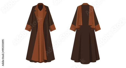 Elegant two-tone abaya design with matching scarf front and back view showcasing modest fashion apparel for modern style graceful silhouette.