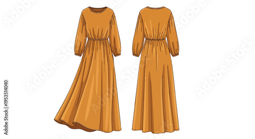 Sophisticated Burnt Orange Maxi Dress Technical Drawing with Flowing Silhouette