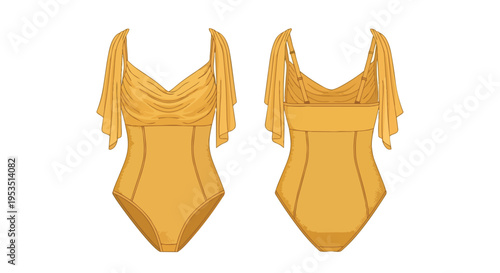 Elegant golden yellow one-piece swimsuit flat sketch showcasing a fashionable draped cowl neck design and delicate flutter shoulders for modern