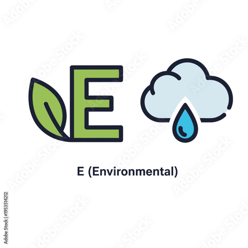 Environmental concept icon E for ecological sustainability and climate change, featuring a leaf and a cloud with a rain drop