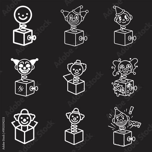 Set of Jack-in-the-box Clown Toy Icons, White Minimalist Vector Illustrations on Black Background