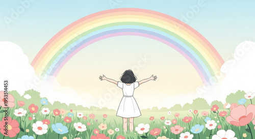 Woman in white dress standing with arms outstretched in a colorful flower field under a vibrant rainbow with fluffy clouds
