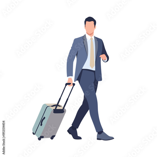 Businessman walking with rolling suitcase, business travel concept, flat design illustration