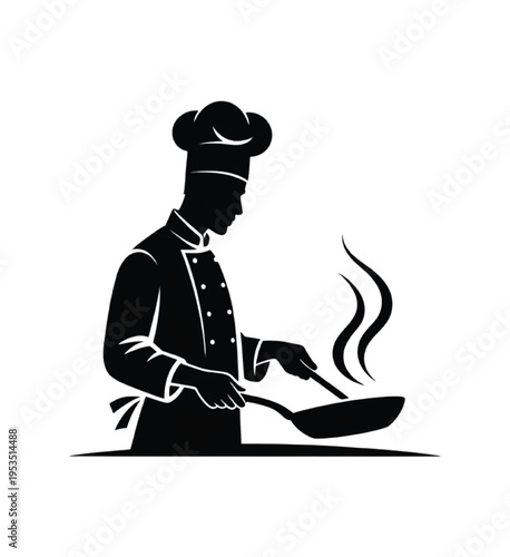 Silhouette of chef cooking with frying pan and steam vector illustration