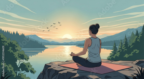 Woman meditates on cliff overlooking serene lake at sunset with mountains