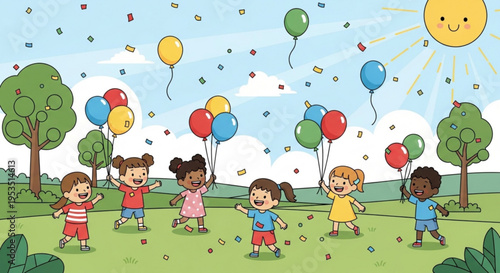 Diverse children playing with colorful balloons in a sunny green field with trees and confetti