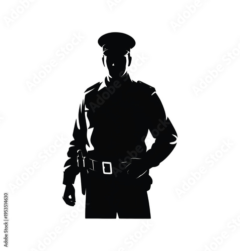 Silhouette of a police officer in uniform standing with hands on hips vector illustration