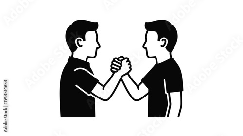 Two men engaged in an arm wrestle a striking black design silhouette