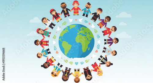 Diverse children standing around the earth symbolizing global unity and friendship in a colorful illustration