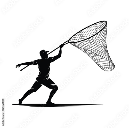 Black silhouette of man holding large fishing net in motion vector illustration