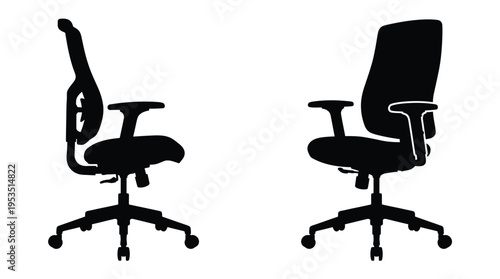 Two modern office chairs depicted in a striking black silhouette