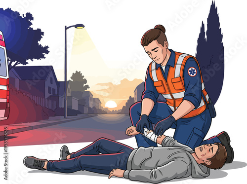 Paramedic provides first aid to injured person on street.