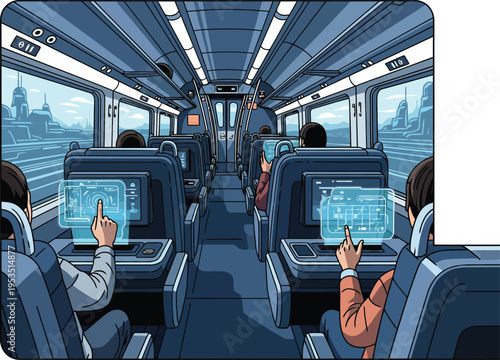 Passengers interacting with futuristic holographic interfaces on a highspeed train.