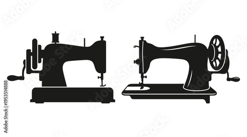 Two vintage sewing machines are depicted in black silhouette
