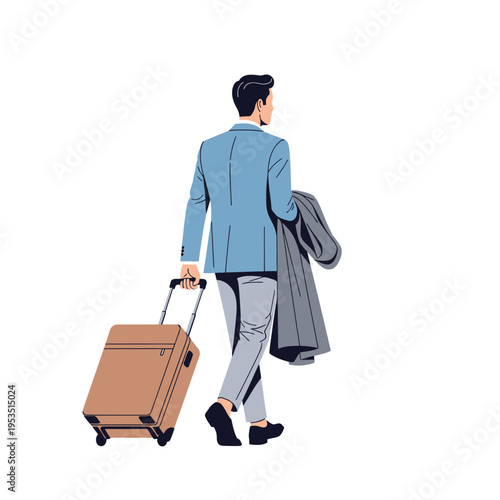Man in Suit Traveling with Rolling Luggage, Walking Away