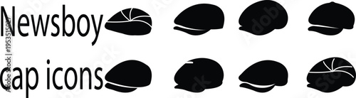 Newsboy Cap Icon set, Newsboy caps Logo Oversized brim hat beanie, silhouette Iconic shape, Stylized detail, Negative space, Flat solid, Filled, tweed , herringbone wool cap, leather newsboy, brim