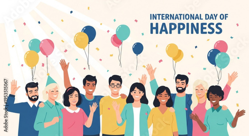 Diverse group celebrating international day of happiness with colorful balloons and confetti