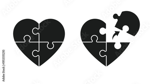 Two black heart puzzles one complete and one missing a piece silhouette